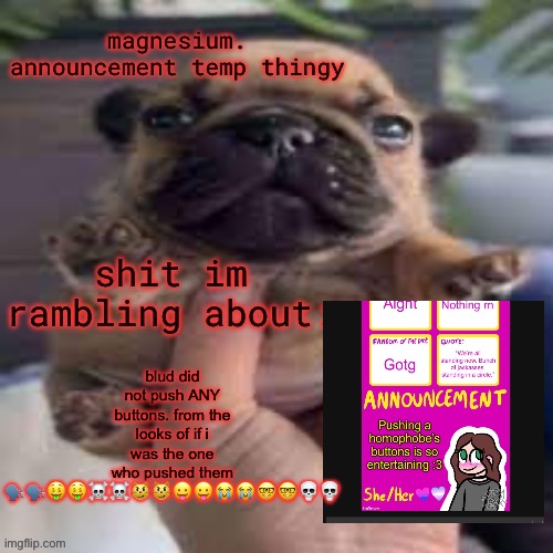 and yes that thing was talking about me | blud did not push ANY buttons. from the looks of if i was the one who pushed them 🗣️🗣️🤑🤑☠️☠️😼😼😛😛😭😭🤓🤓💀💀 | image tagged in pug temp | made w/ Imgflip meme maker