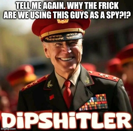 Fricken chicken | TELL ME AGAIN. WHY THE FRICK ARE WE USING THIS GUYS AS A SPY?!? | image tagged in dipshitler biden | made w/ Imgflip meme maker
