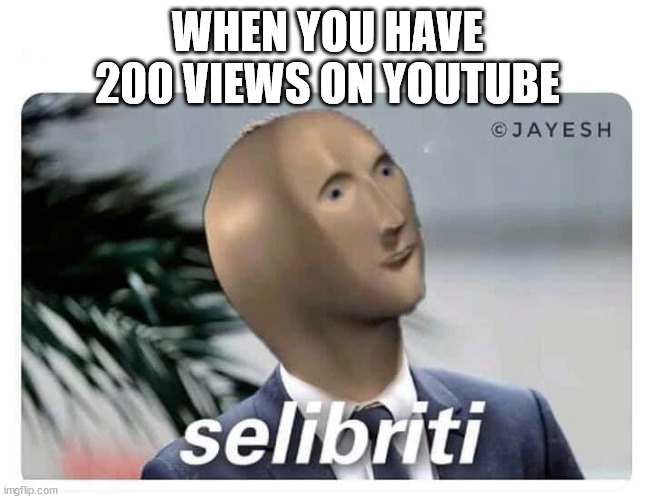 meme man selibriti | WHEN YOU HAVE 200 VIEWS ON YOUTUBE | image tagged in meme man selibriti | made w/ Imgflip meme maker