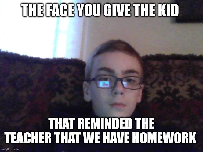 We all hate him | THE FACE YOU GIVE THE KID; THAT REMINDED THE TEACHER THAT WE HAVE HOMEWORK | image tagged in couch kid | made w/ Imgflip meme maker