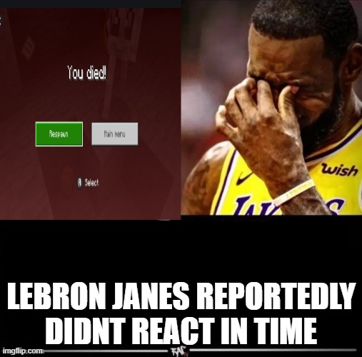 LEBRON JAMES REPORTEDLY ____ | LEBRON JANES REPORTEDLY DIDNT REACT IN TIME | image tagged in lebron james reportedly ____ | made w/ Imgflip meme maker