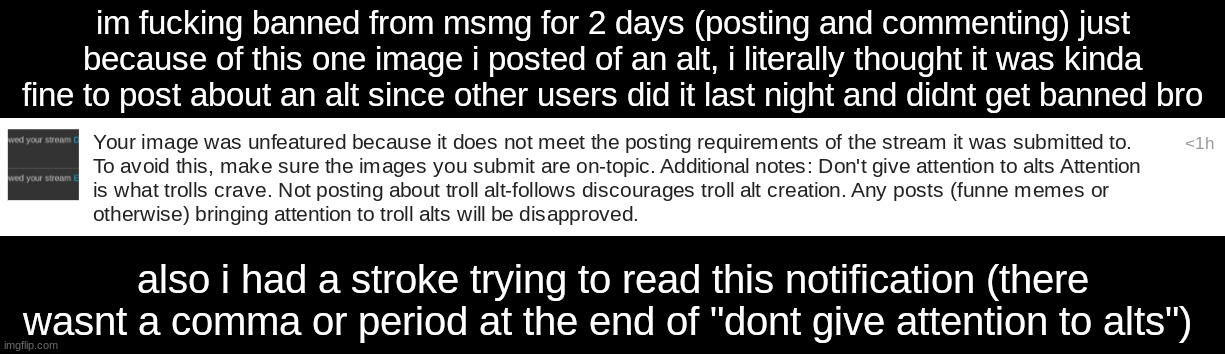 i literally thought it was fine to post about it for a sec, 2 days is just too much bro | im fucking banned from msmg for 2 days (posting and commenting) just because of this one image i posted of an alt, i literally thought it was kinda fine to post about an alt since other users did it last night and didnt get banned bro; also i had a stroke trying to read this notification (there wasnt a comma or period at the end of "dont give attention to alts") | made w/ Imgflip meme maker
