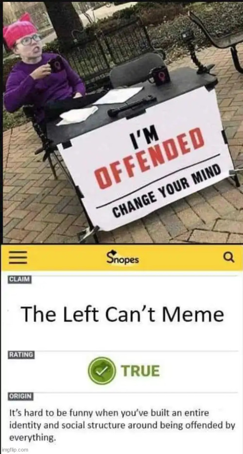Offended by everything...  it's true... Snopes says so... | image tagged in leftists,offended,by everything,snopes agrees | made w/ Imgflip meme maker