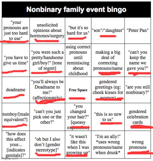 Nonbinary family event bingo | image tagged in nonbinary family event bingo | made w/ Imgflip meme maker