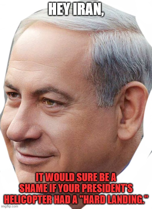 Iran president helicopter | HEY IRAN, IT WOULD SURE BE A SHAME IF YOUR PRESIDENT'S HELICOPTER HAD A "HARD LANDING." | image tagged in bibi head,iran,israel,netanyahu | made w/ Imgflip meme maker