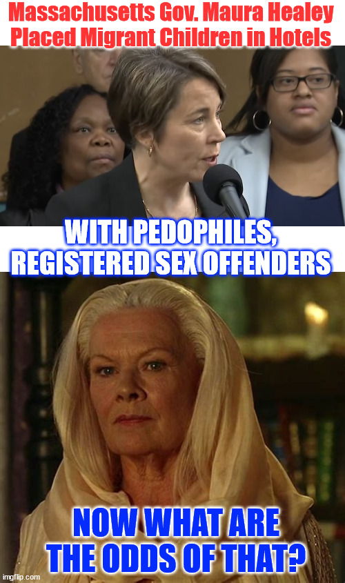 Dems are the best | Massachusetts Gov. Maura Healey Placed Migrant Children in Hotels; WITH PEDOPHILES, REGISTERED SEX OFFENDERS; NOW WHAT ARE THE ODDS OF THAT? | image tagged in placing,migrant kids,in hotels,with pedophiles,registered sex offenders | made w/ Imgflip meme maker