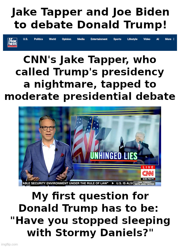 Jake Tapper and Joe Biden to Debate Donald Trump! | image tagged in cnn,jake tapper,joe biden,debates,donald trump,stormy daniels | made w/ Imgflip meme maker