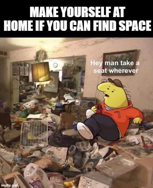 make yourself at home | MAKE YOURSELF AT HOME IF YOU CAN FIND SPACE | image tagged in memes | made w/ Imgflip meme maker