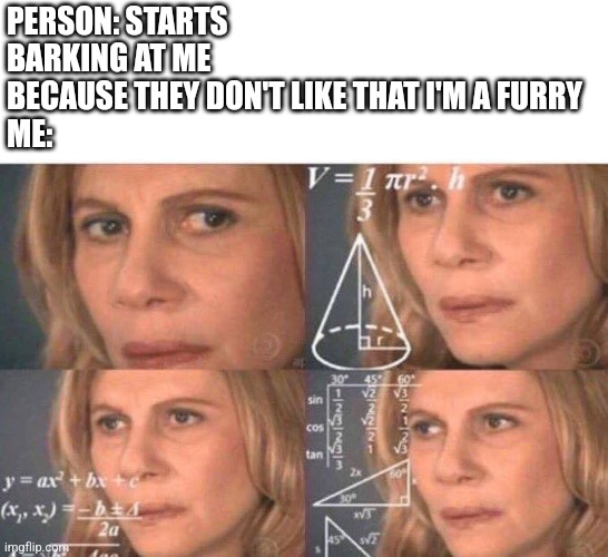 Is barking a human sound now??? Or are you also a furry??? | PERSON: STARTS BARKING AT ME BECAUSE THEY DON'T LIKE THAT I'M A FURRY
ME: | image tagged in math lady/confused lady,furry,anti furry | made w/ Imgflip meme maker