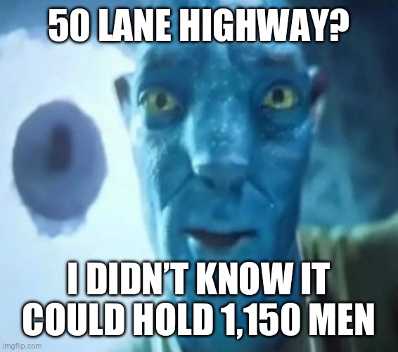 courtesy of neko | 50 LANE HIGHWAY? I DIDN’T KNOW IT COULD HOLD 1,150 MEN | image tagged in avatar guy | made w/ Imgflip meme maker