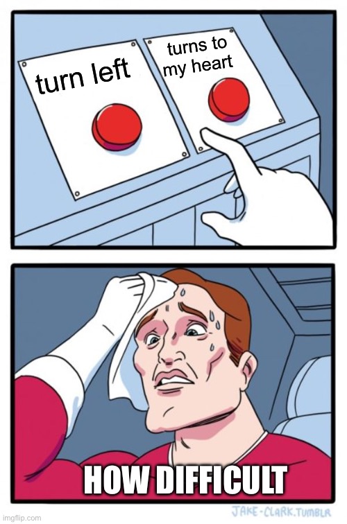 Two Buttons | turns to my heart; turn left; HOW DIFFICULT | image tagged in memes,two buttons | made w/ Imgflip meme maker