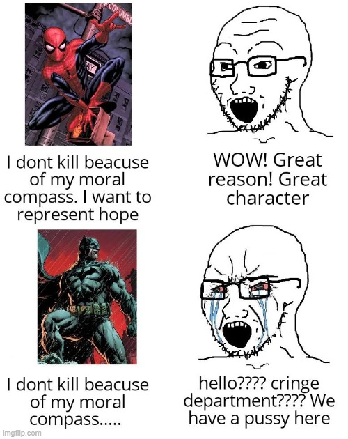 Same motives too | image tagged in memes,funny,spiderman,batman,true,wojak | made w/ Imgflip meme maker