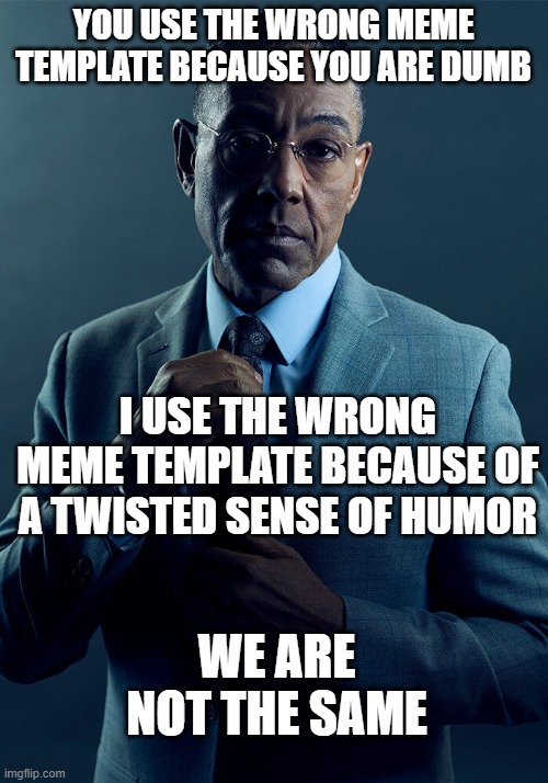 Gus Fring we are not the same | YOU USE THE WRONG MEME TEMPLATE BECAUSE YOU ARE DUMB; I USE THE WRONG MEME TEMPLATE BECAUSE OF A TWISTED SENSE OF HUMOR; WE ARE NOT THE SAME | image tagged in gus fring we are not the same | made w/ Imgflip meme maker