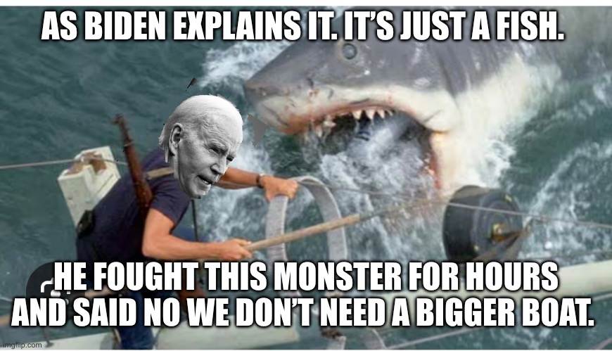 AS BIDEN EXPLAINS IT. IT’S JUST A FISH. HE FOUGHT THIS MONSTER FOR HOURS
AND SAID NO WE DON’T NEED A BIGGER BOAT. | made w/ Imgflip meme maker