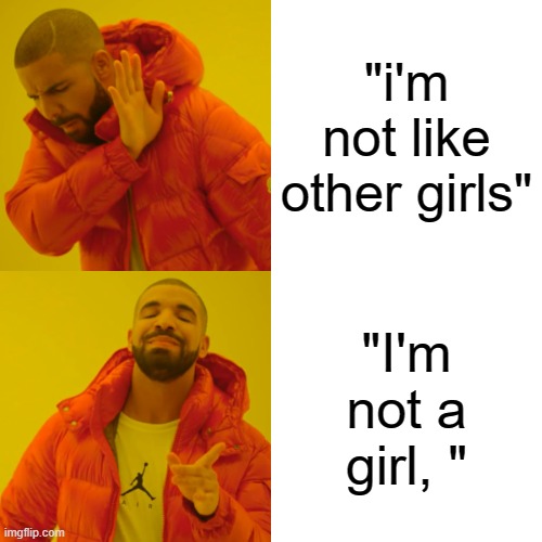 Drake Hotline Bling Meme | "i'm not like other girls"; "I'm not a girl, " | image tagged in memes,drake hotline bling,transgender,trans | made w/ Imgflip meme maker