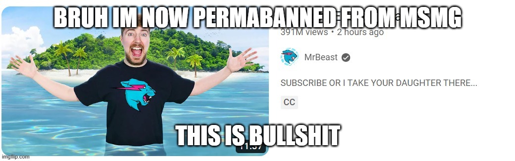 I BOUGHT EPSTEIN ISLAND! | BRUH IM NOW PERMABANNED FROM MSMG; THIS IS BULLSHIT | image tagged in i bought epstein island | made w/ Imgflip meme maker