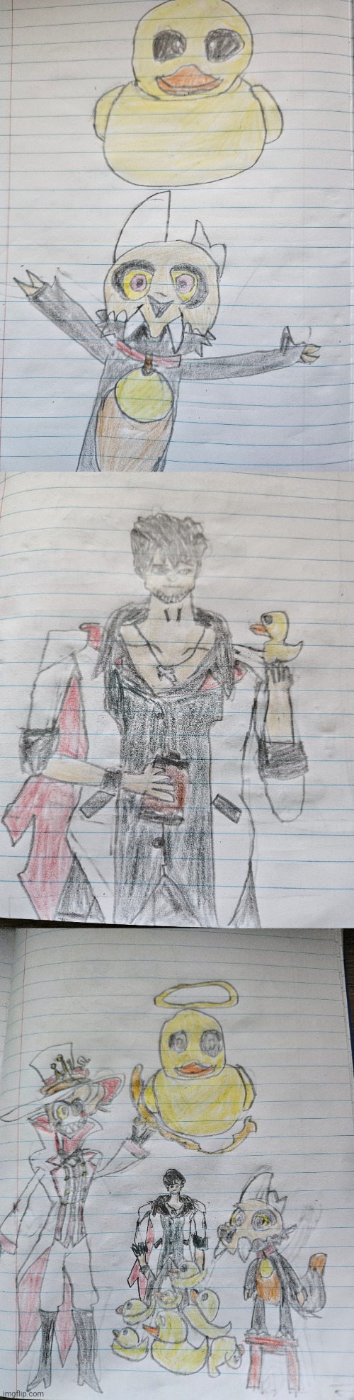 My friends requested three rubber ducky centered drawings. The characters are King (Owl House), Qrow (RWBY), and Lucifer (HH) | image tagged in drawing,hazbin hotel,rwby,the owl house | made w/ Imgflip meme maker