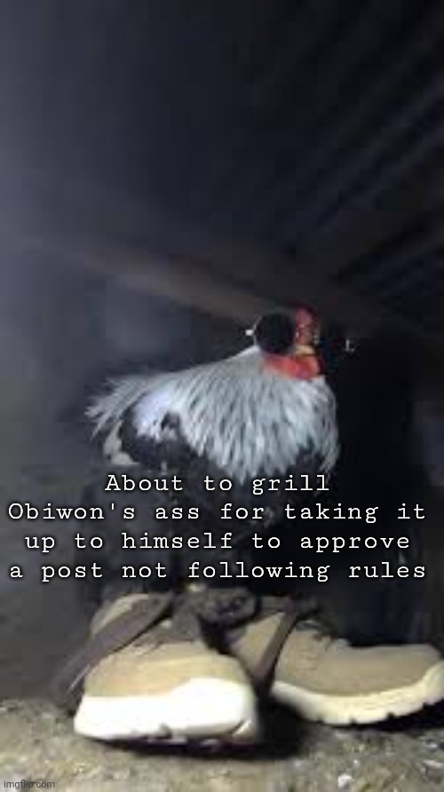 A run ahead | About to grill Obiwon's ass for taking it up to himself to approve a post not following rules | image tagged in drip chicken sp3x_ | made w/ Imgflip meme maker