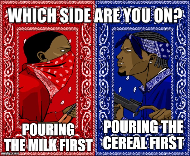 I pour cereal first... | POURING THE MILK FIRST; POURING THE CEREAL FIRST | image tagged in which side are you on | made w/ Imgflip meme maker
