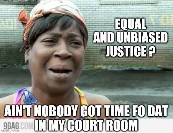 Sweet Brown | EQUAL AND UNBIASED JUSTICE ? AIN'T NOBODY GOT TIME FO DAT
IN MY COURT ROOM | image tagged in sweet brown | made w/ Imgflip meme maker