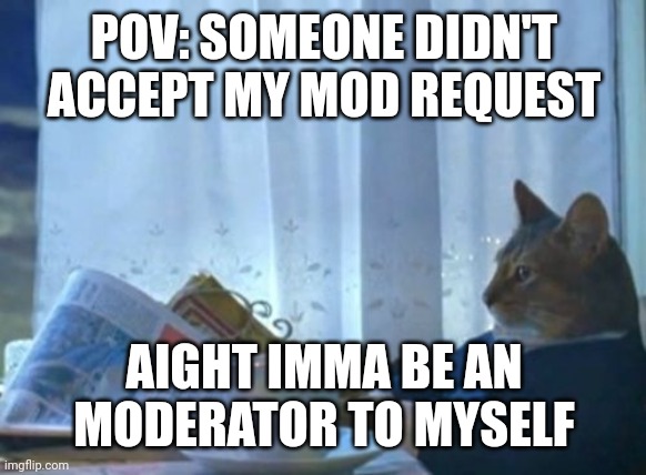 No accept mod request? | POV: SOMEONE DIDN'T ACCEPT MY MOD REQUEST; AIGHT IMMA BE AN MODERATOR TO MYSELF | image tagged in memes,i should buy a boat cat | made w/ Imgflip meme maker
