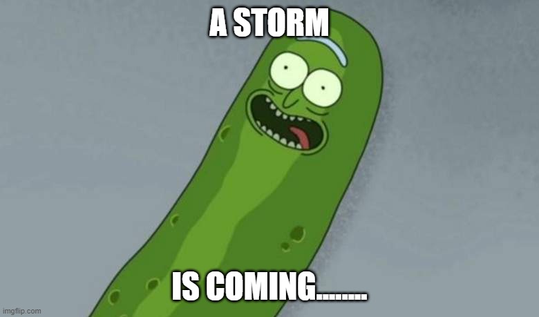 a pickle storm | A STORM; IS COMING........ | image tagged in pickle rick | made w/ Imgflip meme maker