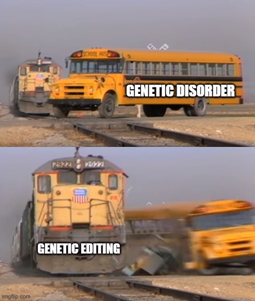 A train hitting a school bus | GENETIC DISORDER; GENETIC EDITING | image tagged in a train hitting a school bus | made w/ Imgflip meme maker