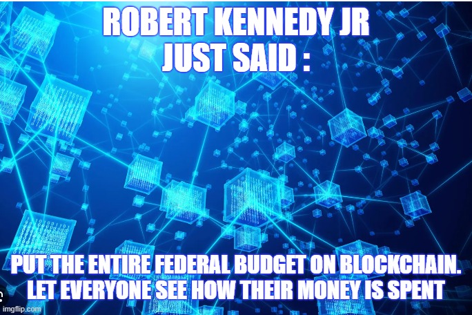 Blockchain the US Government Budget | ROBERT KENNEDY JR
JUST SAID :; PUT THE ENTIRE FEDERAL BUDGET ON BLOCKCHAIN.
LET EVERYONE SEE HOW THEIR MONEY IS SPENT | image tagged in government corruption,blockchain,kennedy,presidential debate,budget,black ops | made w/ Imgflip meme maker