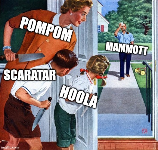 Mammott coming home from vietnam | POMPOM; MAMMOTT; SCARATAR; HOOLA | image tagged in waiting for dad | made w/ Imgflip meme maker