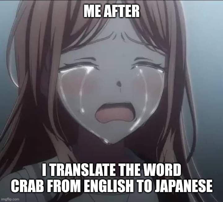 Me after I translate the word Crab from English to Japanese | ME AFTER; I TRANSLATE THE WORD
CRAB FROM ENGLISH TO JAPANESE | image tagged in soyo cries | made w/ Imgflip meme maker