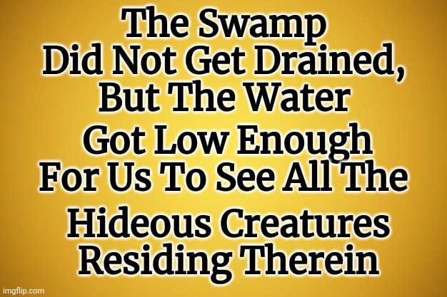The Swamp | The Swamp Did Not Get Drained, But The Water; Got Low Enough For Us To See All The; Hideous Creatures Residing Therein | image tagged in the swamp | made w/ Imgflip meme maker