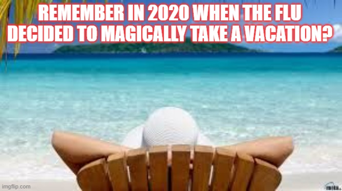 The flu either took a vacation or cases were being counted as something else | REMEMBER IN 2020 WHEN THE FLU DECIDED TO MAGICALLY TAKE A VACATION? | image tagged in vacation beach | made w/ Imgflip meme maker