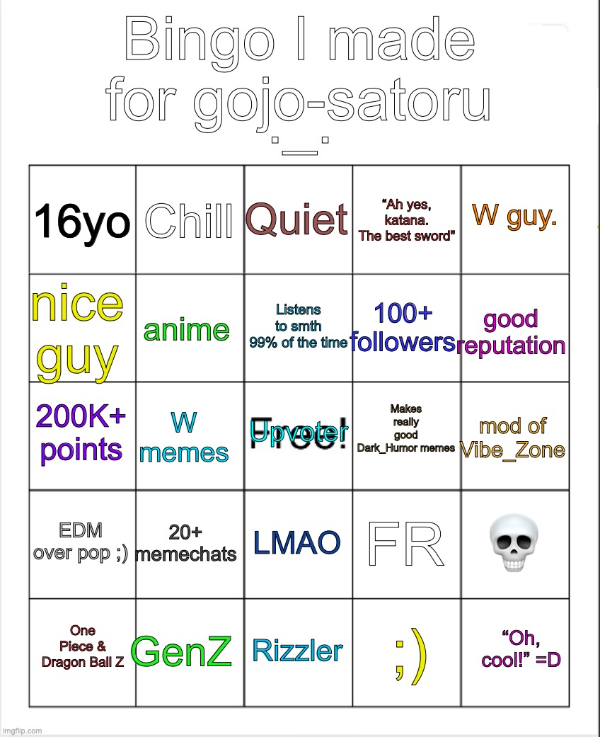 Gojo’s bingo (Reimagined by OwU) Blank Meme Template