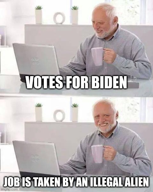 Jobs | VOTES FOR BIDEN; JOB IS TAKEN BY AN ILLEGAL ALIEN | image tagged in memes,hide the pain harold | made w/ Imgflip meme maker