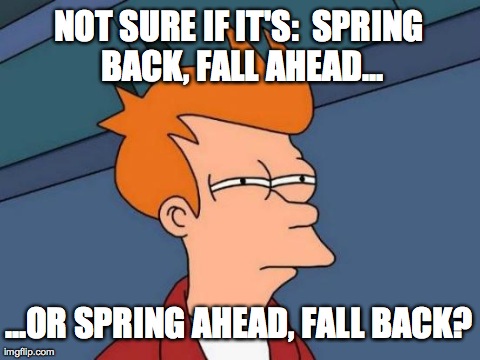 Futurama Fry | NOT SURE IF IT'S:  SPRING BACK, FALL AHEAD... ...OR SPRING AHEAD, FALL BACK? | image tagged in memes,futurama fry | made w/ Imgflip meme maker