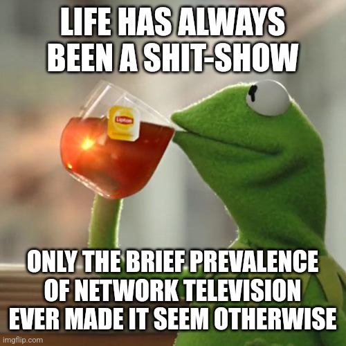 Some eras have been worse than others | LIFE HAS ALWAYS BEEN A SHIT-SHOW; ONLY THE BRIEF PREVALENCE OF NETWORK TELEVISION EVER MADE IT SEEM OTHERWISE | image tagged in memes,but that's none of my business,kermit the frog,shit-show,life,news | made w/ Imgflip meme maker