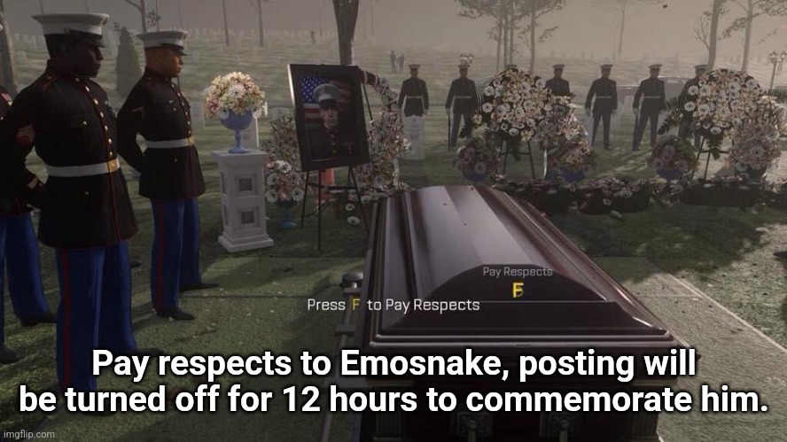 Posting returns at 11:45 AM EST. Goodbye, Emosnake. | Pay respects to Emosnake, posting will be turned off for 12 hours to commemorate him. | image tagged in press f to pay respects | made w/ Imgflip meme maker