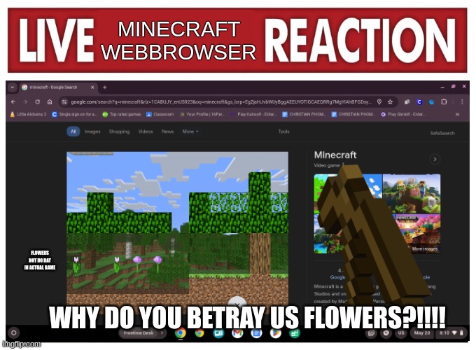 DATS NOT FUNNY GOOGLE, YOU RUINED THE IMMERSION | MINECRAFT WEBBROWSER; FLOWERS NOT DO DAT IN ACTUAL GAME; WHY DO YOU BETRAY US FLOWERS?!!!! | image tagged in live reaction,minecraft memes,not really,unrealistic expectations,why can't you just be normal,gamers rise up | made w/ Imgflip meme maker