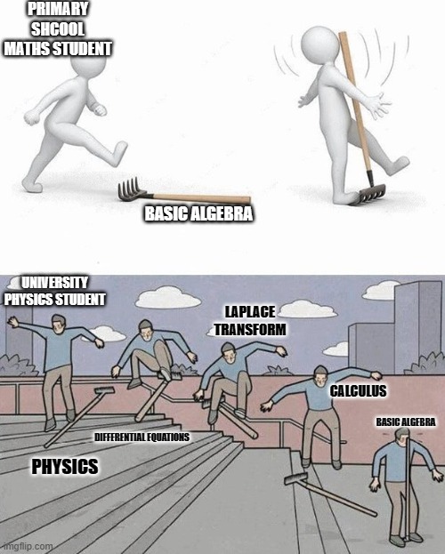 Stepping vs. Jumping On A Rake | PRIMARY SHCOOL MATHS STUDENT; BASIC ALGEBRA; UNIVERSITY PHYSICS STUDENT; LAPLACE TRANSFORM; CALCULUS; BASIC ALGEBRA; DIFFERENTIAL EQUATIONS; PHYSICS | image tagged in stepping vs jumping on a rake | made w/ Imgflip meme maker