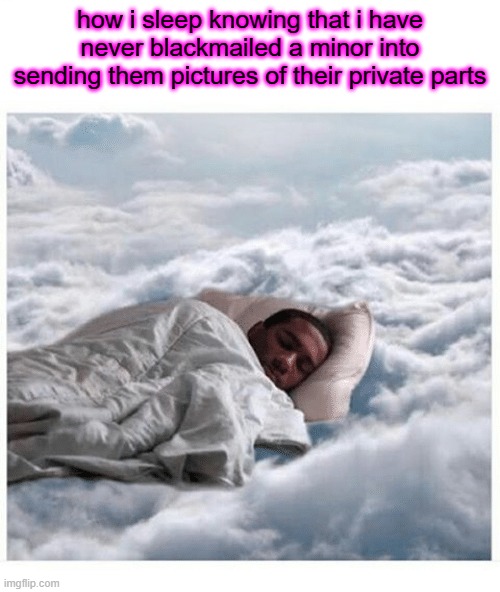 How I sleep knowing | how i sleep knowing that i have never blackmailed a minor into sending them pictures of their private parts | image tagged in how i sleep knowing | made w/ Imgflip meme maker