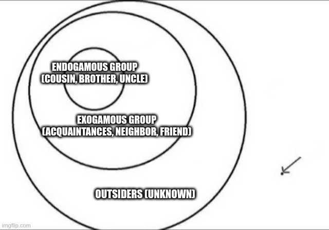 endogamous group | ENDOGAMOUS GROUP (COUSIN, BROTHER, UNCLE); EXOGAMOUS GROUP (ACQUAINTANCES, NEIGHBOR, FRIEND); OUTSIDERS (UNKNOWN) | image tagged in venn inter circles diagram | made w/ Imgflip meme maker