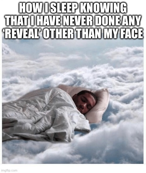 How I sleep knowing | HOW I SLEEP KNOWING THAT I HAVE NEVER DONE ANY ‘REVEAL’ OTHER THAN MY FACE | image tagged in how i sleep knowing | made w/ Imgflip meme maker