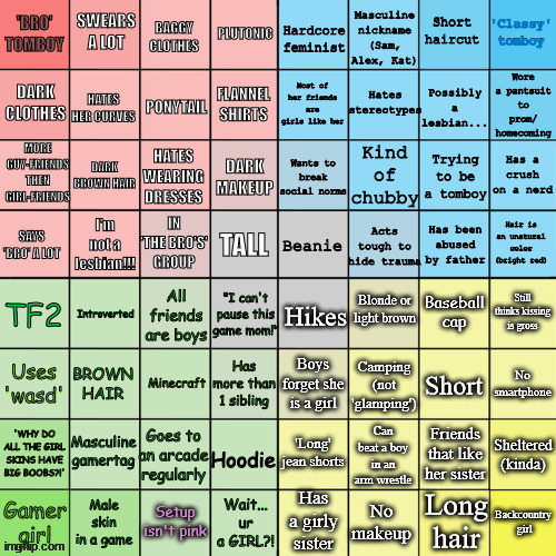 You can do the tomboy bingo (I posted this since everyone else is speading their bingos)) | image tagged in the tomboy bingo | made w/ Imgflip meme maker