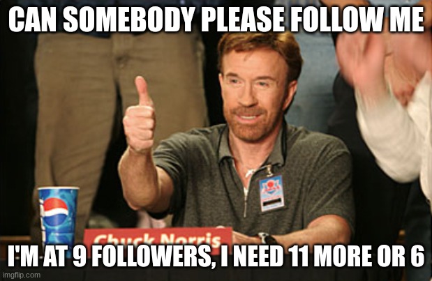 Please | CAN SOMEBODY PLEASE FOLLOW ME; I'M AT 9 FOLLOWERS, I NEED 11 MORE OR 6 | image tagged in memes,chuck norris approves,chuck norris | made w/ Imgflip meme maker