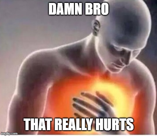 DAMN BRO THAT REALLY HURTS | image tagged in chest pain | made w/ Imgflip meme maker