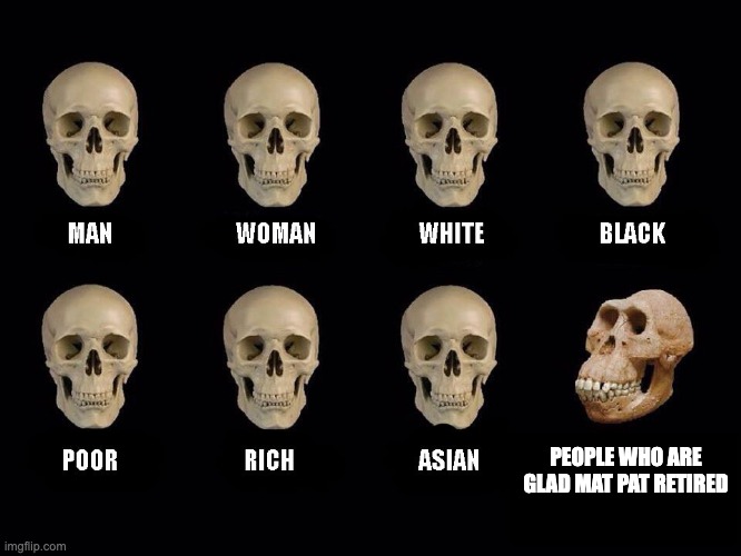 empty skulls of truth | PEOPLE WHO ARE GLAD MAT PAT RETIRED | image tagged in empty skulls of truth | made w/ Imgflip meme maker