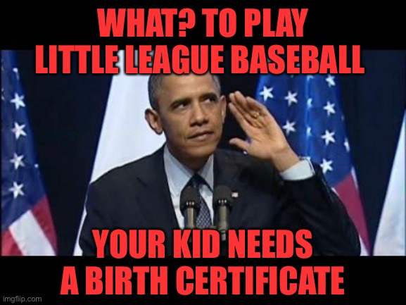 Obama No Listen Meme | WHAT? TO PLAY LITTLE LEAGUE BASEBALL YOUR KID NEEDS A BIRTH CERTIFICATE | image tagged in memes,obama no listen | made w/ Imgflip meme maker