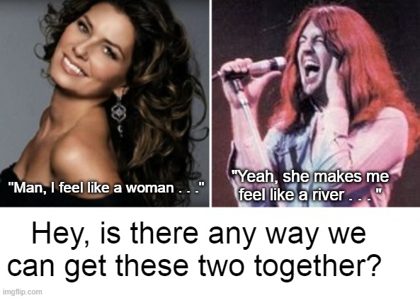 Shania Twain Ian Gillian | "Yeah, she makes me feel like a river . . . "; "Man, I feel like a woman . . ."; Hey, is there any way we can get these two together? | image tagged in shania twain,ian gillian,deep purple | made w/ Imgflip meme maker
