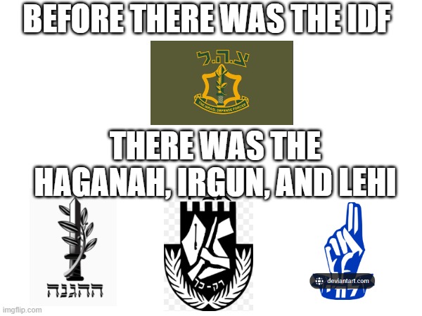 The IDF had 3 Zionist brigades, before combining into the present day IDF | BEFORE THERE WAS THE IDF; THERE WAS THE HAGANAH, IRGUN, AND LEHI | image tagged in israel,military | made w/ Imgflip meme maker