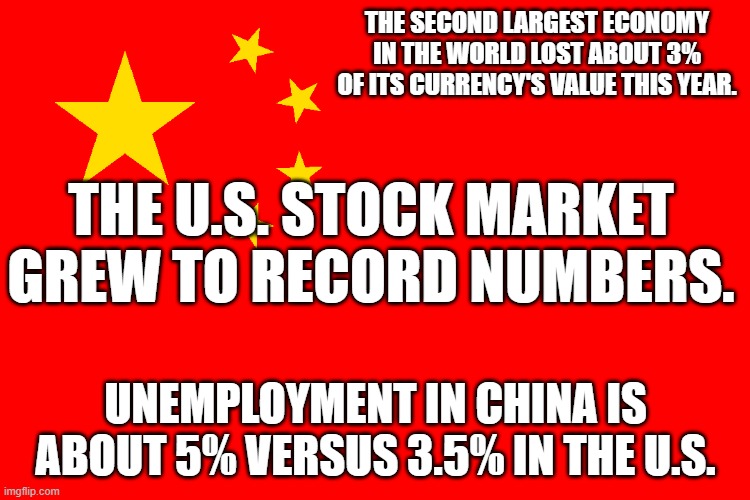 The US economy, under Biden, is the envy of the rest of the world. | THE SECOND LARGEST ECONOMY IN THE WORLD LOST ABOUT 3% OF ITS CURRENCY'S VALUE THIS YEAR. THE U.S. STOCK MARKET GREW TO RECORD NUMBERS. UNEMPLOYMENT IN CHINA IS ABOUT 5% VERSUS 3.5% IN THE U.S. | image tagged in flag of china | made w/ Imgflip meme maker